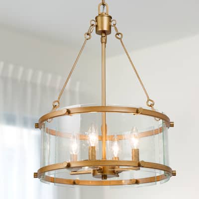 Mid-century Modern 4-light Drum Chandelier Seeded Glass Fixture for Dining Room - D16.9'' x H82''