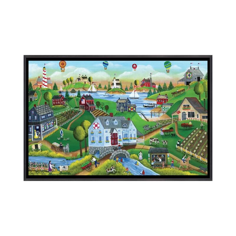 iCanvas "Village By The Sea with Hot Air Ballons" by Cheryl Bartley Framed - Ebony - 18x26