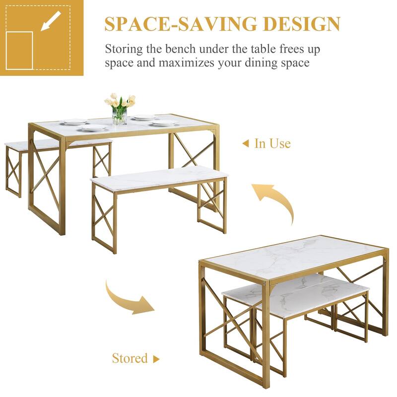 44.3" Dining Table with Benches Kitchen Table set for 4 Rectangular Dining Room Table Set with 2 Metal Wood Benches