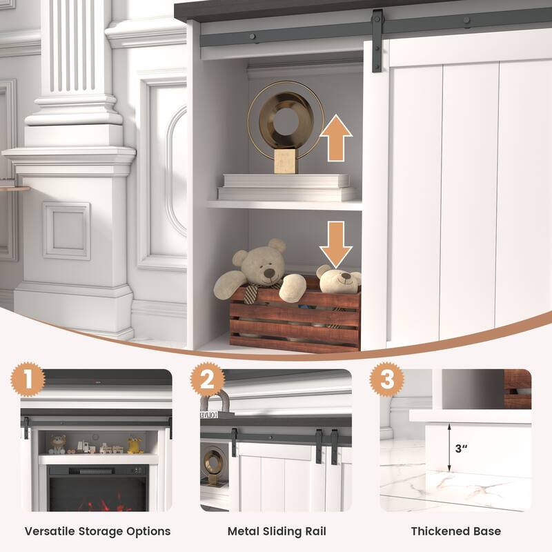 63" Farmhouse Fireplace TV Stand with Sliding Barn Door, Accommodates TVs Up to 65", Featuring Storage and Adjustable Shelves