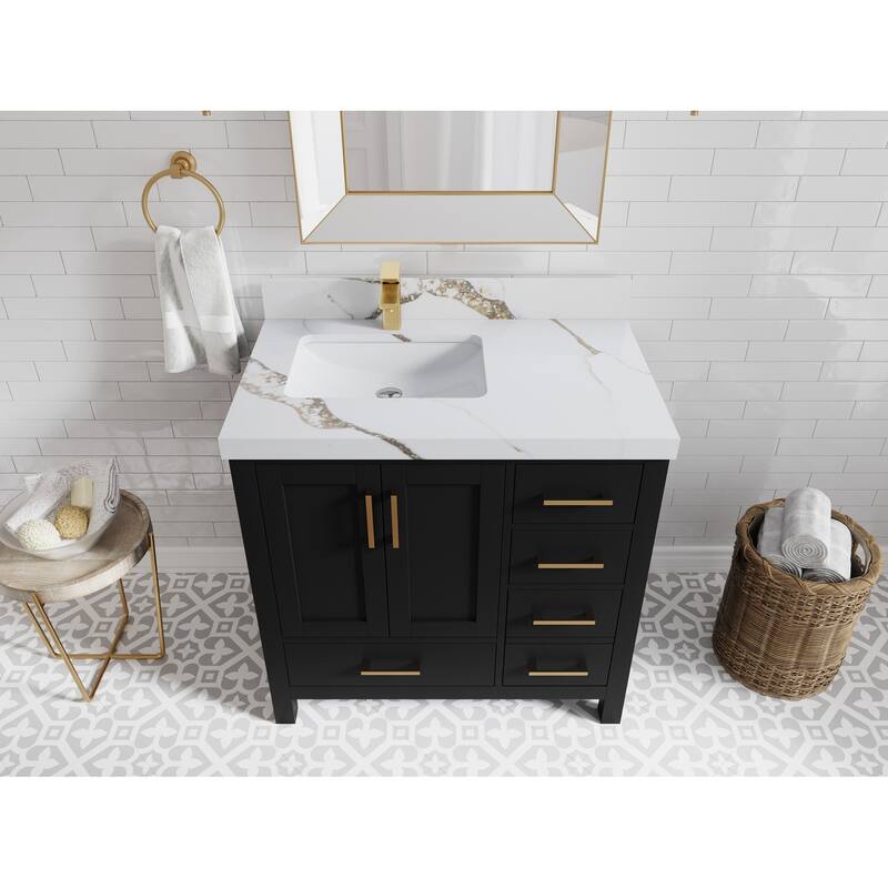 Willow Collections 36 in. W x 22 in. D Malibu Left Offset Sink Bathroom Vanity with Countertop - 2" Calacatta Gold - Black