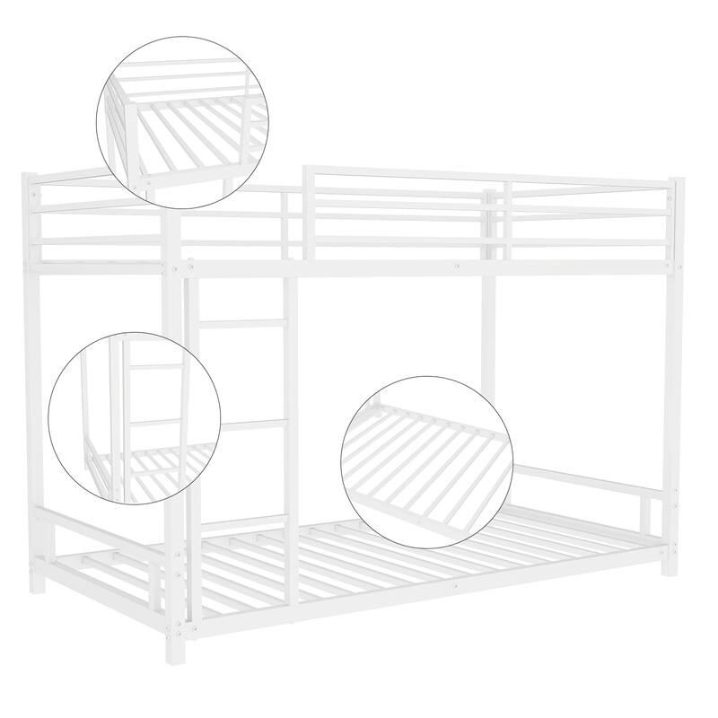 Sturdy Metal Twin over Twin Bunk Bed with Safety Guardrail, Noise Reduced, No Box Spring Needed, White