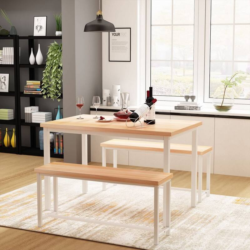 4 - Person Dining Set with Bench and Rectangle Table - Beige（small size） - Table Size: 43.3"W X 23.6"D X 29"H
