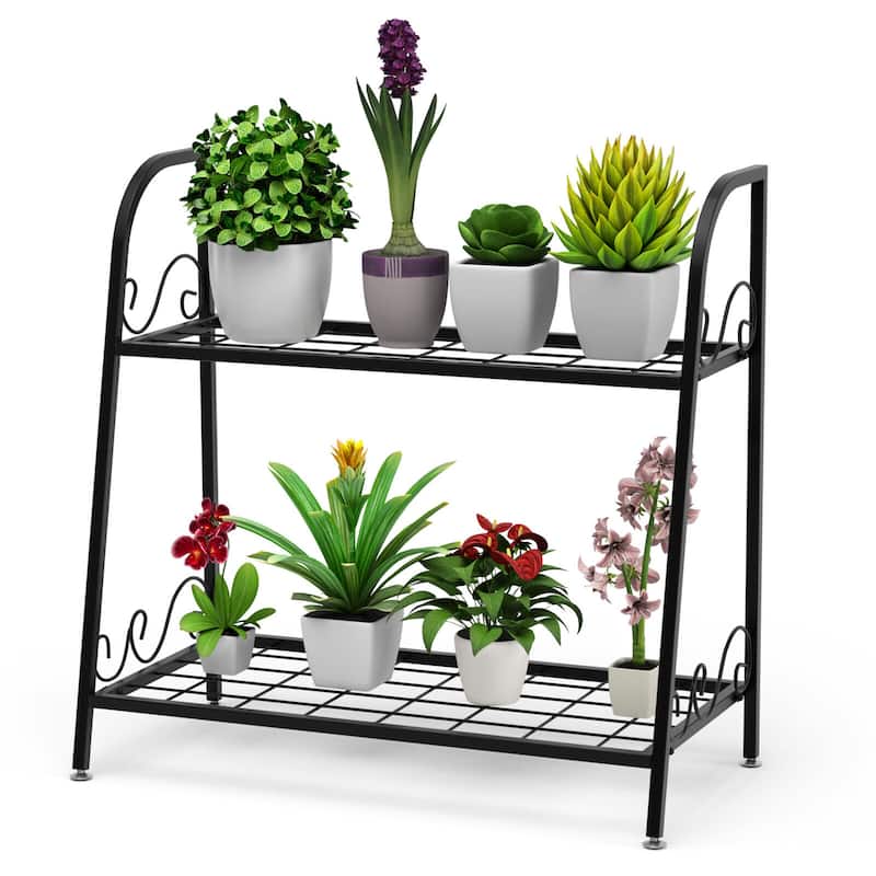 Gymax 2-tier Metal Plant Stand Shelf Flower Pot Holder Display Rack - 25'' x 12'' x 24.5'' - Black - 25'' x 12'' x 24.5''