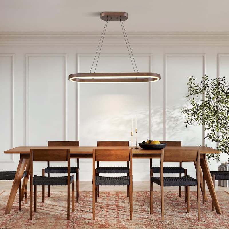 39.4" Modern Wood Oval LED Pendant Light - 39W 3000K Warm Light Linear Ceiling Pendant, Dimmable LED Fixture for Dining Room