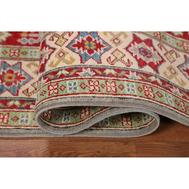 Gray Geometric Kazak Rug Hand-Knotted Oriental Wool Carpet - 5'1" x 6'9"