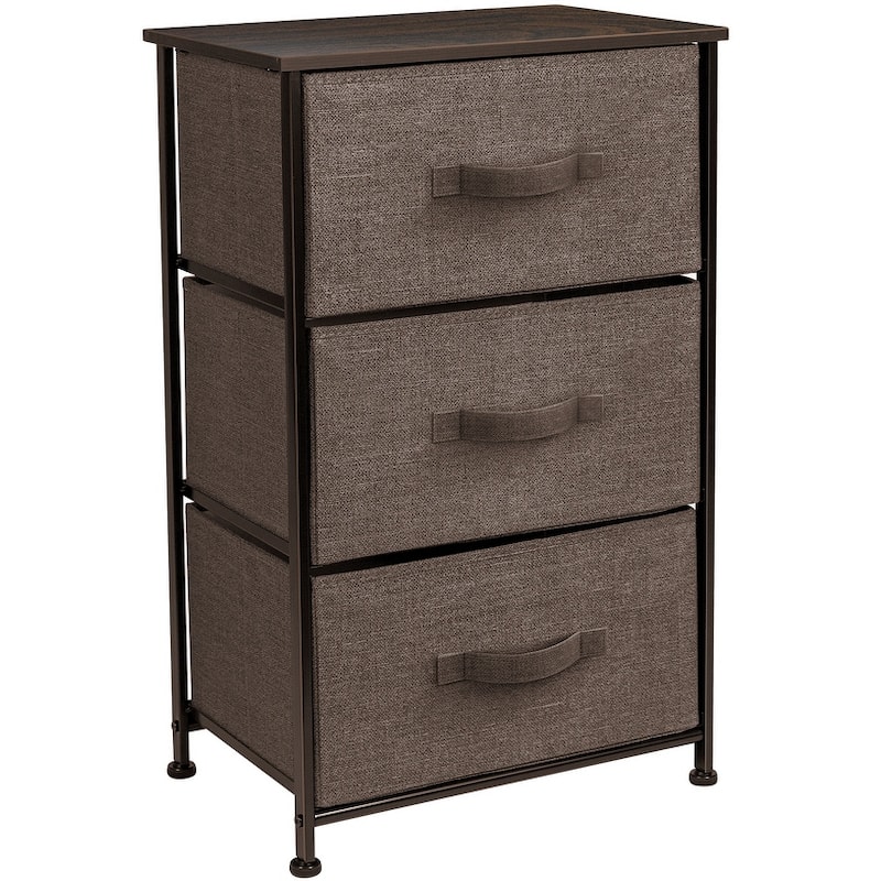 3 Drawer Nightstand Dresser Organizer Steel Frame Wood Top Fabric Bins - Brown