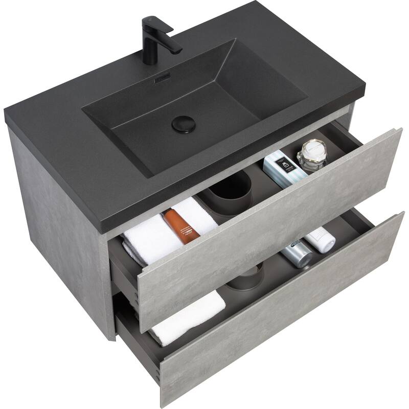 36" Wall-Mounted Floating Vanity with Premium Quartz Sand Basin, Grey Modern Storage Cabinet