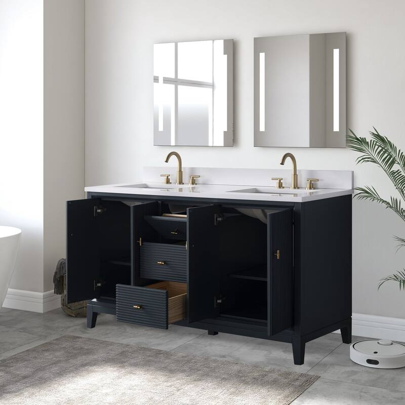 Vanity Art 60" Freestanding Bathroom Vanity with Engineered Marble Top and Sinks