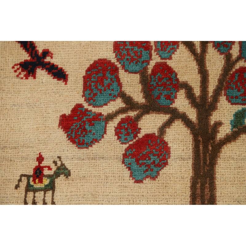 Animals Pictorial Kazak Oriental Foyer Rug Handmade Beige Wool Carpet - 2'0" x 3'0"
