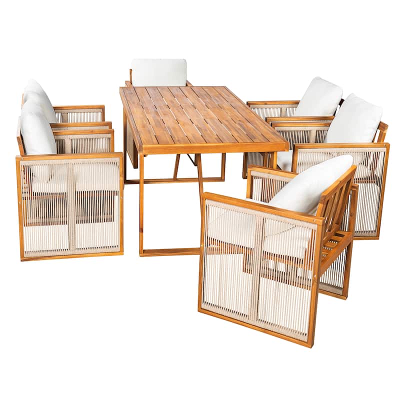 Christopher Knight Home - Modern Outdoor Acacia Wood Dining Set with Cushions and Handwoven Rope Chairs