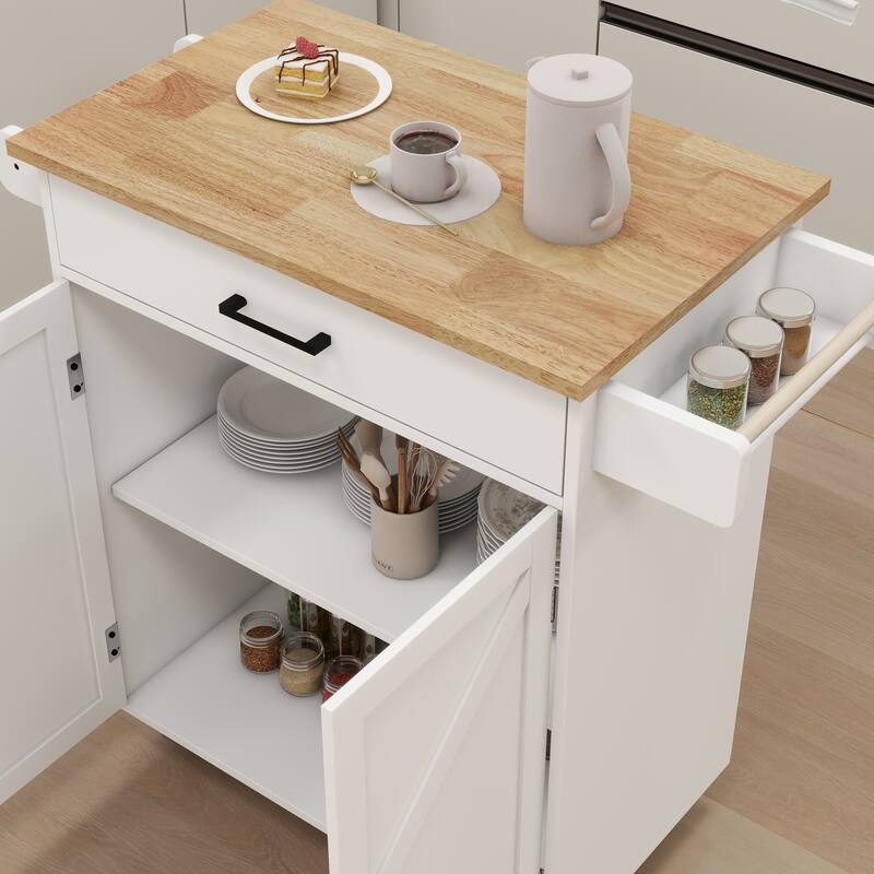 Anmytek Farmhouse Kitchen Island Cart with Bamboo Top and Wheels - Rolling Kitchen Storage with Extendable Shelves
