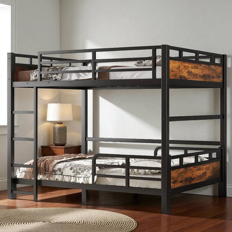 Full over Full Metal Bunk Bed Frame with Raised Guardrails, Convertible Loft and Platform Beds, Noise-Free Design