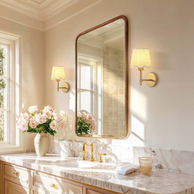 Rowabi Elan Cone Arm Sconce - Metal, Raffia & Natural Beige, Gold Wall Sconce for Bedroom, Hallway in Modern, Mid-Century Style