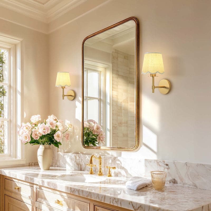 Rowabi Elan Cone Arm Sconce - Metal, Raffia & Natural Beige, Gold Wall Sconce for Bedroom, Hallway in Modern, Mid-Century Style