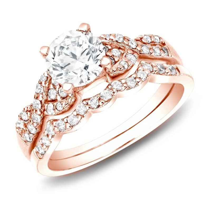 Auriya 14k Gold 1ctw Braided Twist Round Diamond Engagement Ring Set - Rose - 4