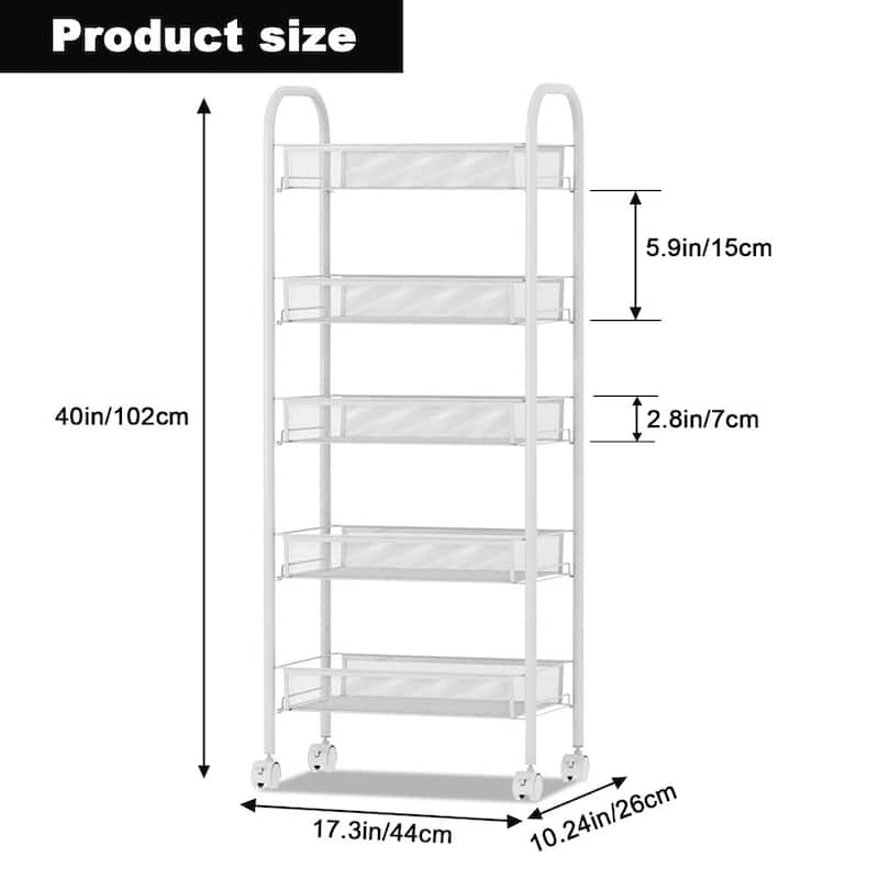 5-Tier Utility Rolling Cart On Wheels Storage Shelf for Narrow Space, Kitchen
