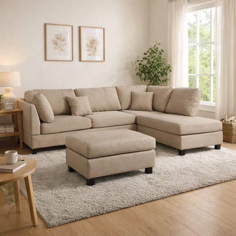 Linen Fabric 3 Pieces Sectional In Sand Beige