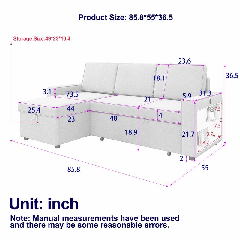 Grey 85.8'' L-Shaped Fabric 3-Seater Sleeper Sofa with Pull-Out Bed, Storage Chaise, USB Port, and Storage Racks
