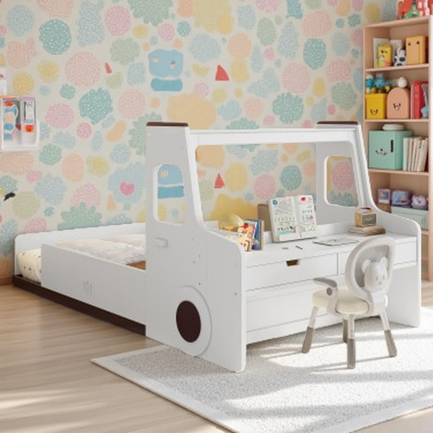 Full Car-Shaped Floor Bed with Built-In Drawers and Desk, Kids Wood Bed with Window
