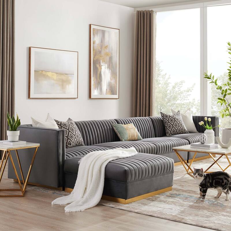 Sanguine Channel Tufted Performance Velvet 5-Piece Modular Sectional Sofa - Gray