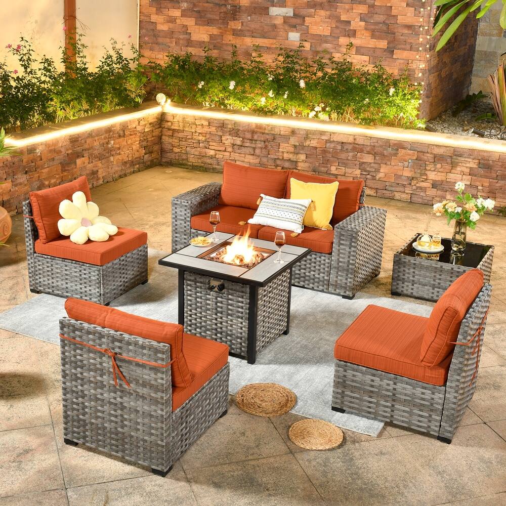 OVIOS Patio Wicker Furniture Wide Arm 7-piece Fire Pit Set with Table
