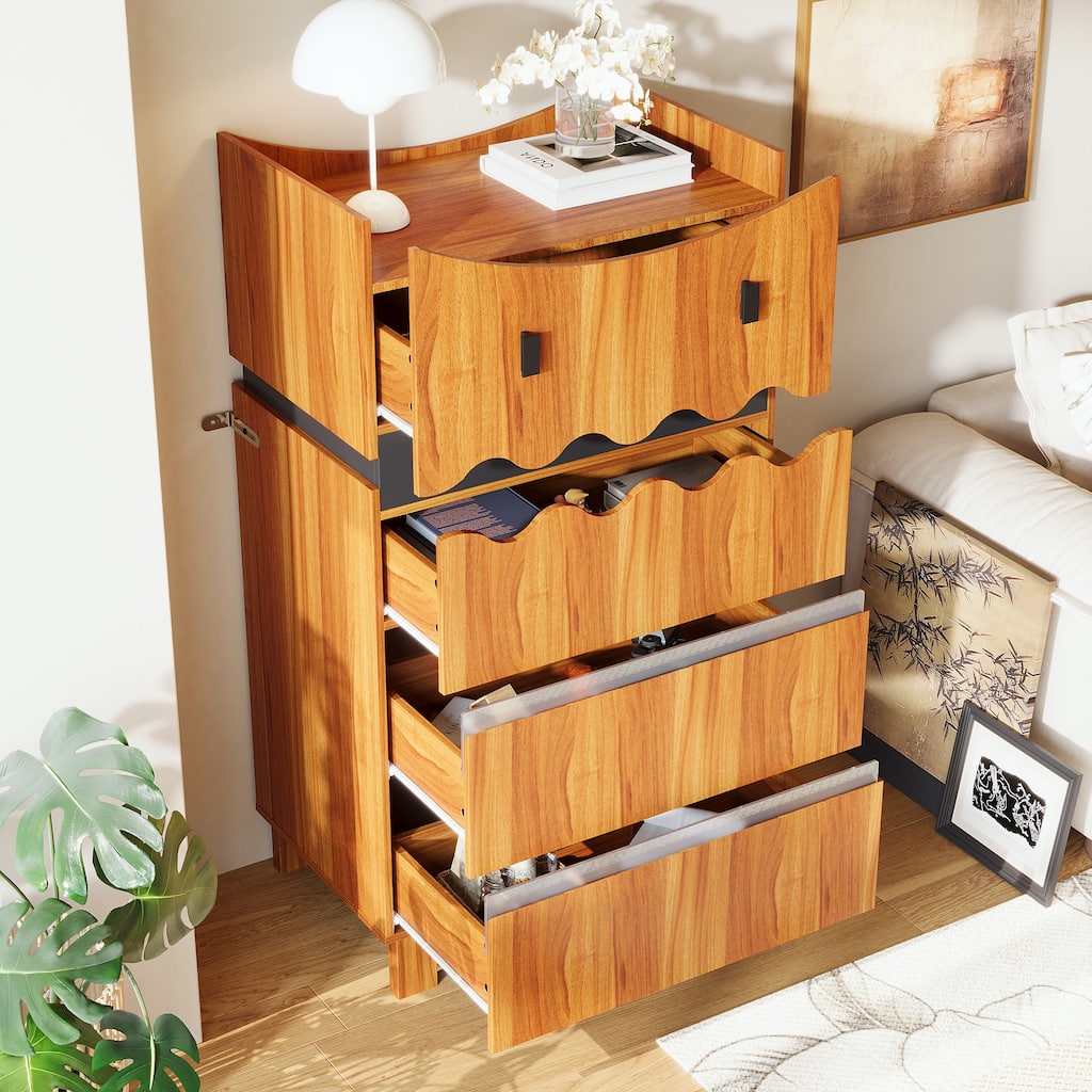 Modern Wave-Front 4-Drawer Dresser with Acrylic Panels, Wood Grain & Black Storage Cabinet Chest Cabinet