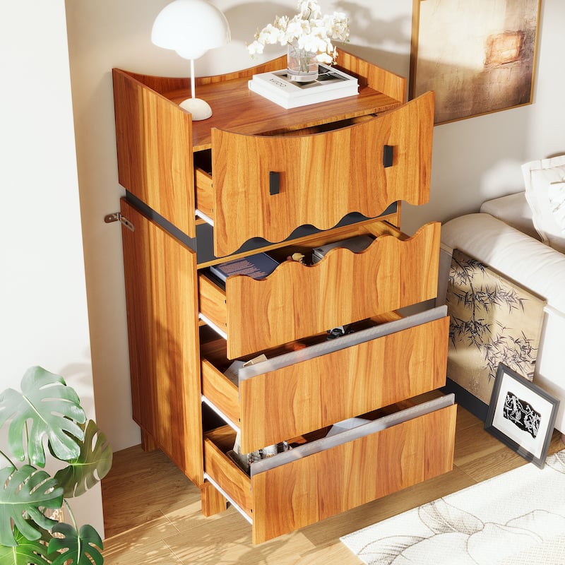 Modern Wave-Front 4-Drawer Dresser with Acrylic Panels, Wood Grain & Black Storage Cabinet Chest Cabinet