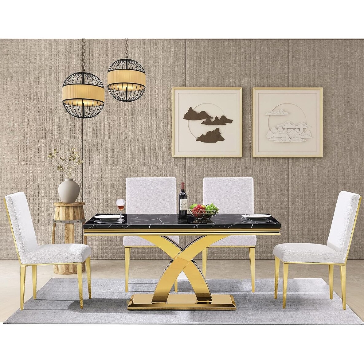 65 inch Faux Marble Dining Table Set with Boucle Dining Chairs