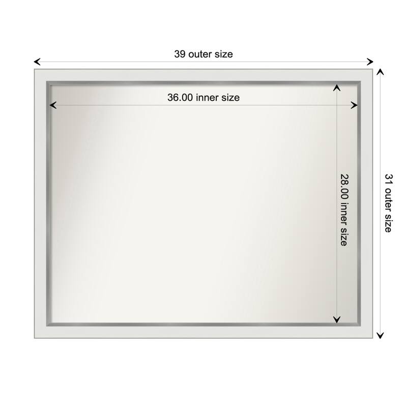 Eva White Silver Narrow Framed Non-Beveled Custom Wall Mirror, Bathroom Vanity Mirror - Outer Size: 39.25 x 31.25