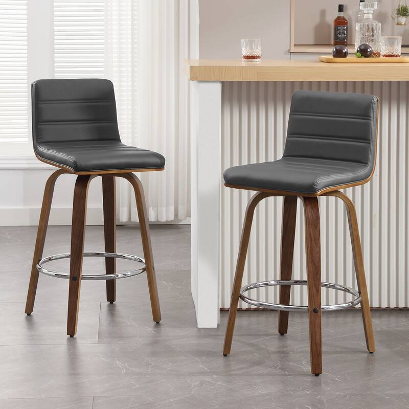 Faux Leather & Wood Swivel Bar Stools/ Counter Stool Set of 2 - Grey - Counter Height