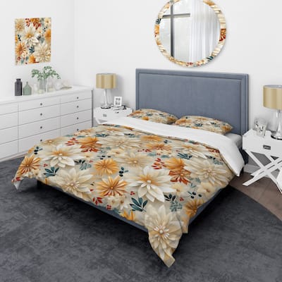 Designart "Orange And Beige Geometric Floral Fusion" Beige Cottage Bedding Set With Shams