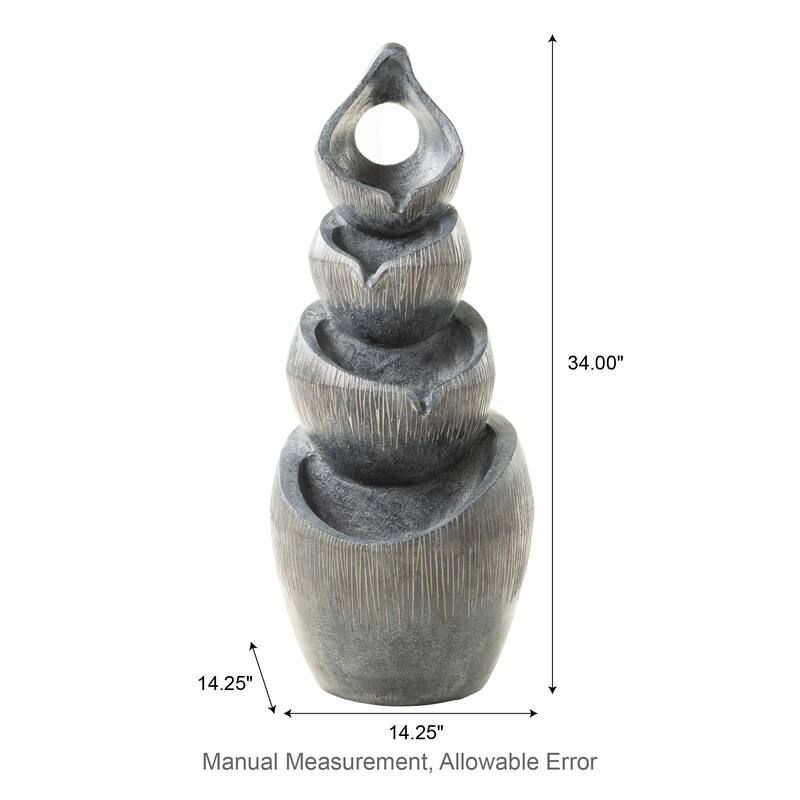 Glitzhome 34"H 4-Tiered Pre-lit Zen-Style Alms Bowl Polyresin Indoor Outdoor Floor Fountain