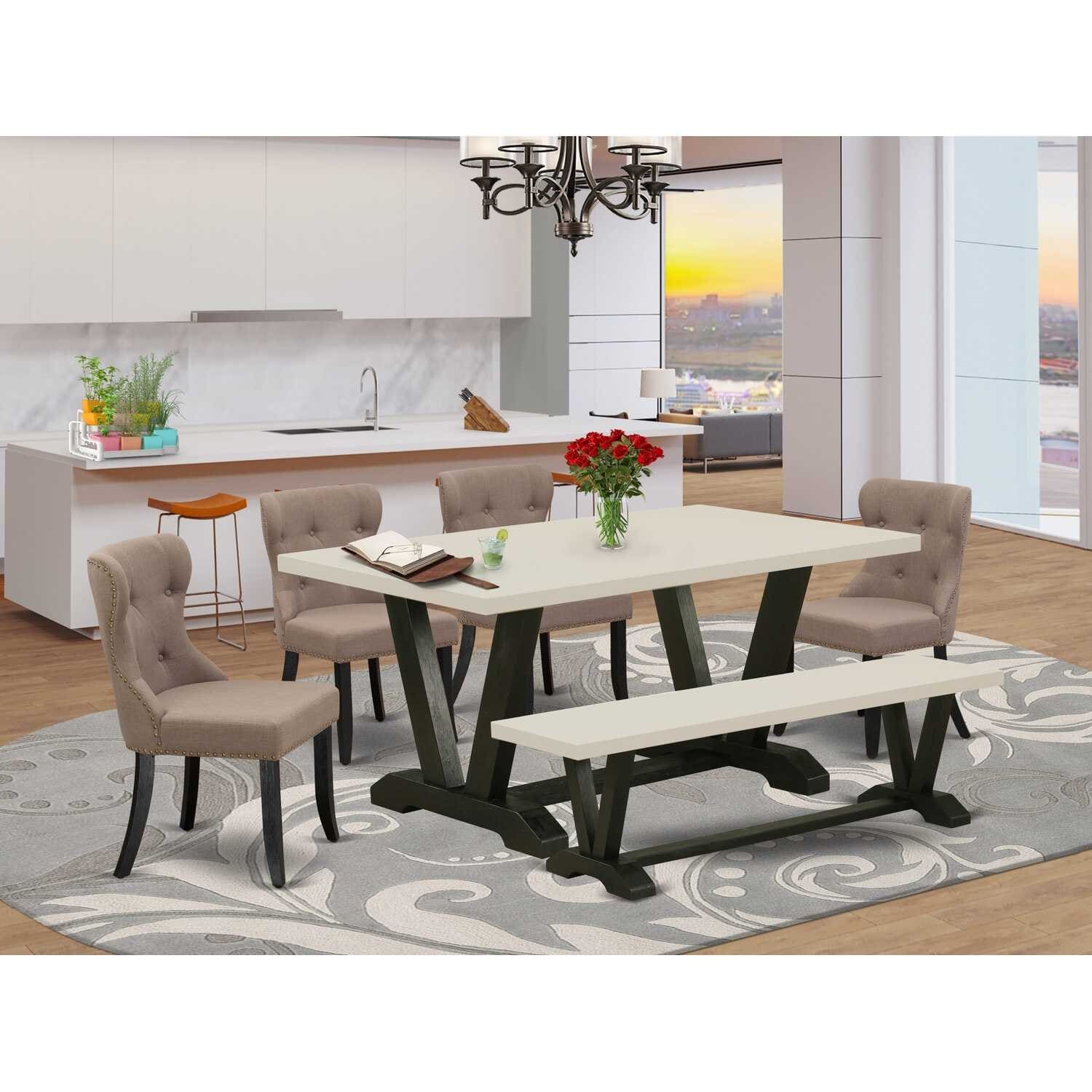 HomeStock 6-Pc Rectangle Natural Oak Finish Solid Wood Top Dining Table with 1-Bench, 4-Chairs