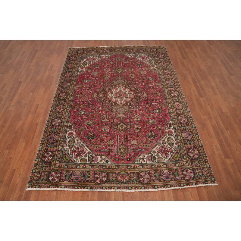 Hand Knotted Oriental 100% Wool Carpet Traditional Floral Pink Tabriz Area Rug - 9' 2'' X 6' 4''