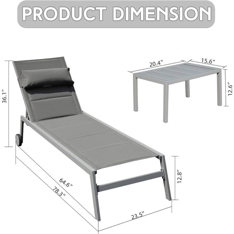 Outdoor Patio Chaise Lounge Aluminum Pool Lounge Chairs with Side Table and Wheels, Set of 3