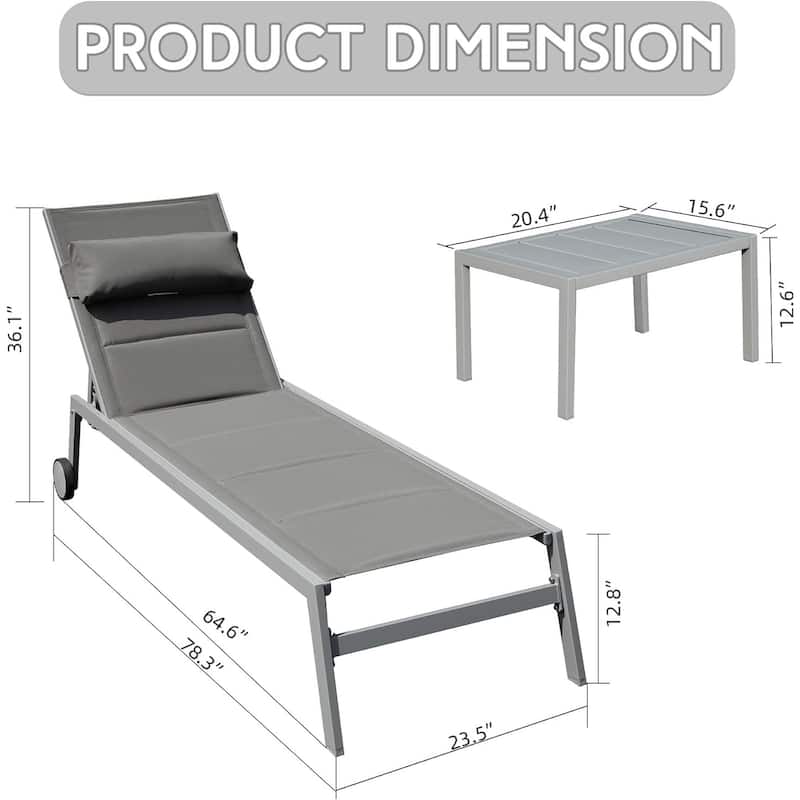 Outdoor Patio Chaise Lounge Set of 3,Aluminum Pool Lounge Chairs with Side Table and Wheels,Textilene Padded Adjustable Recliner