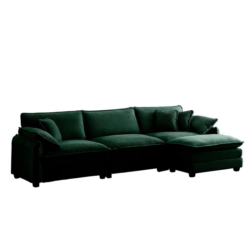Green 4-piece Corduroy Upholstered L-Shaped Modular Sectional Sofa with Removable Ottoman, 5 Pillows, and Free Combination