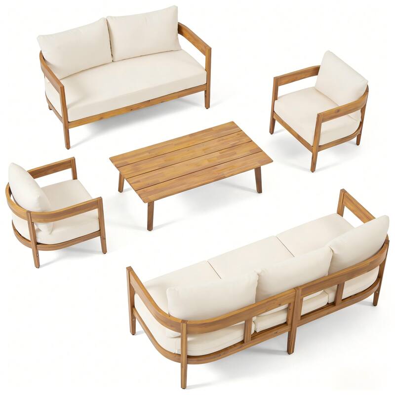 Christopher Knight Home - Brooklyn 5-Piece Outdoor Acacia Wood Patio Conversation Set with Wooden Slatted Coffee Table