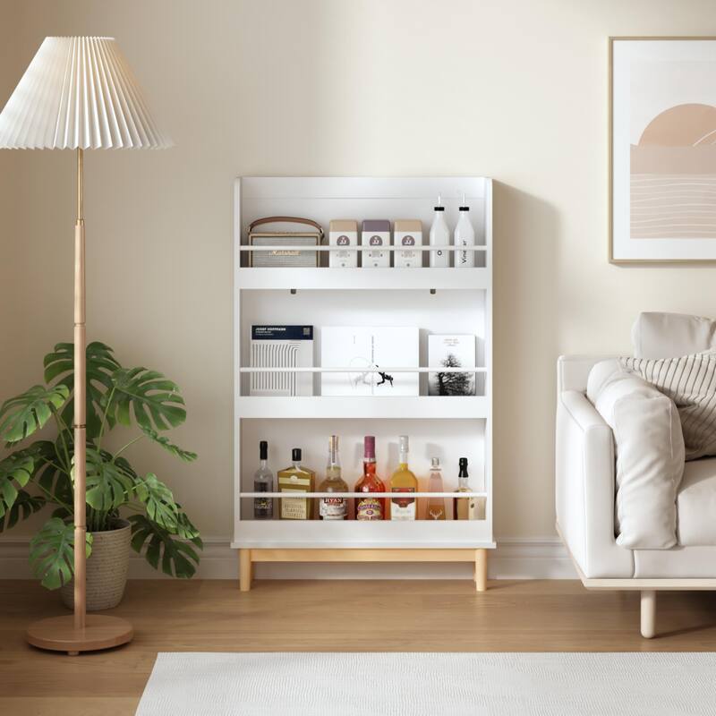 Wall-Mounted Kids Bookshelf with 4 Front-Facing Display Shelves, Modern White Book Rack with Natural Wood Base
