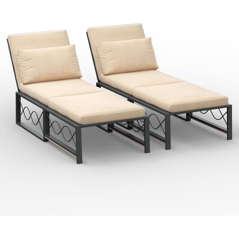 AECOJOY Outdoor Metal Chaise Lounge Chair, Convertible Patio Armchair with Cushions, Adjustable 5-Position Sun Recliner - Beige -2-Piece