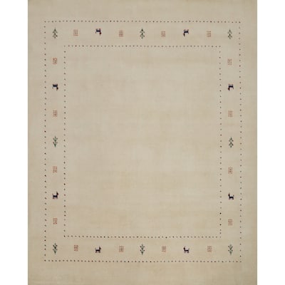 Hand Knotted Oriental 100% Wool Carpet Tribal Animal Pictorial Beige & Ivories Gabbeh Area Rug - 6' 5'' X 6' 7''