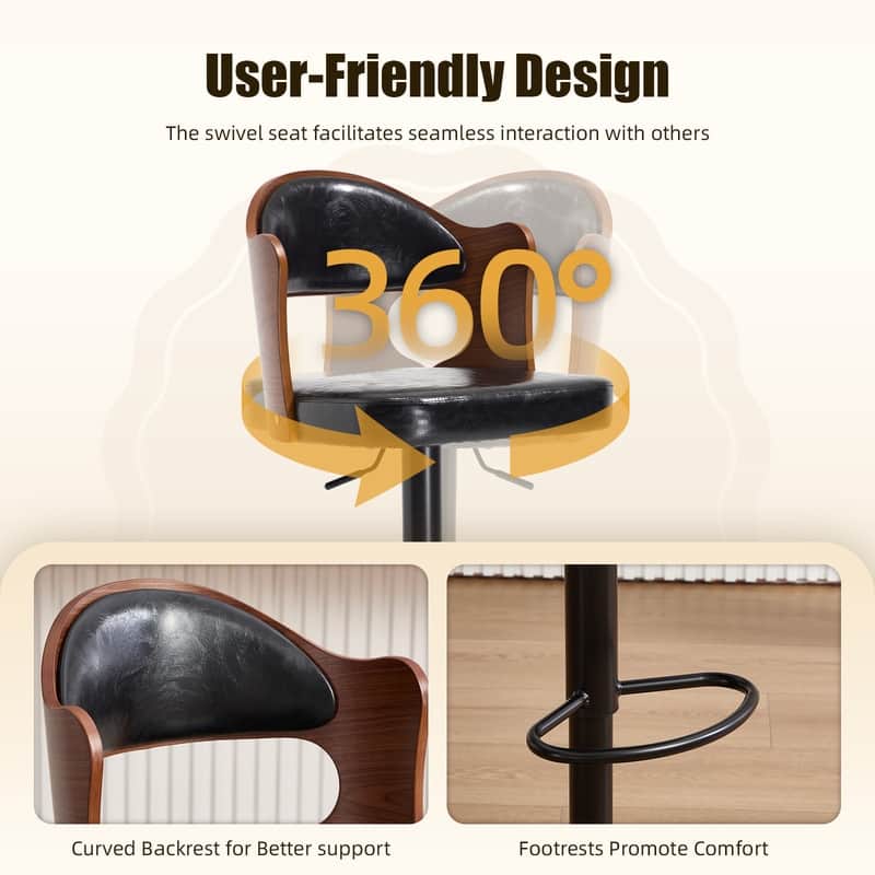 PU Leather Upholstered High-resilience Cushion 360° Swivel Adjustable Height Bar Stools with Footrest(set of 2)