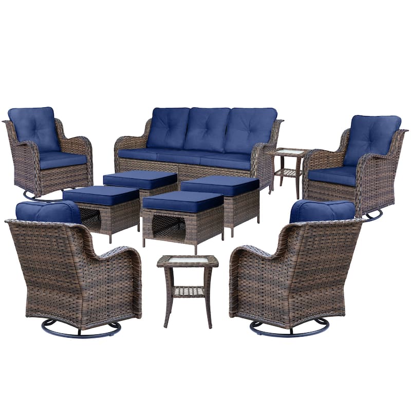 11 Piece Rattan Wicker Outdoor Patio Furniture with Swivel Chairs Set