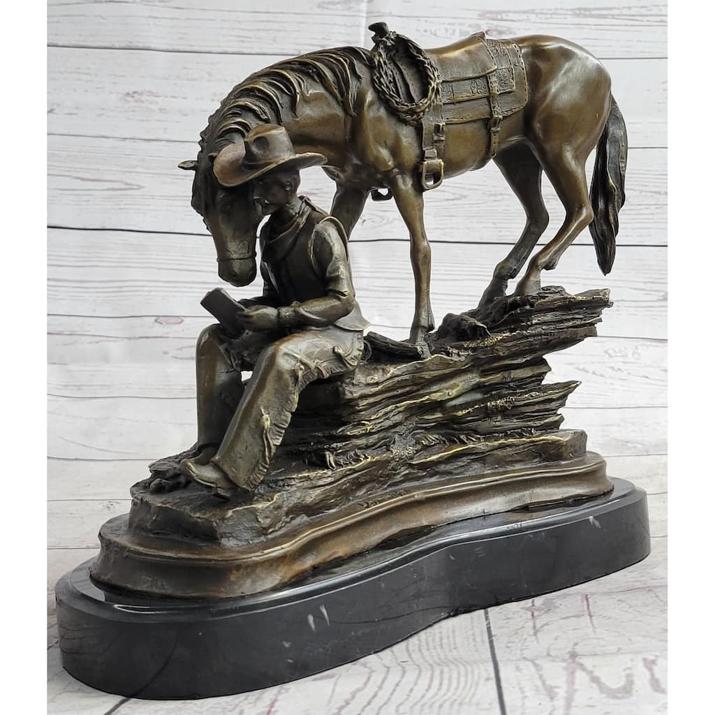 Cowboy Reading A Book With Horse Bronze Metal Western Sculpture Statue Remington Decor 11 Inches X 13 Inches