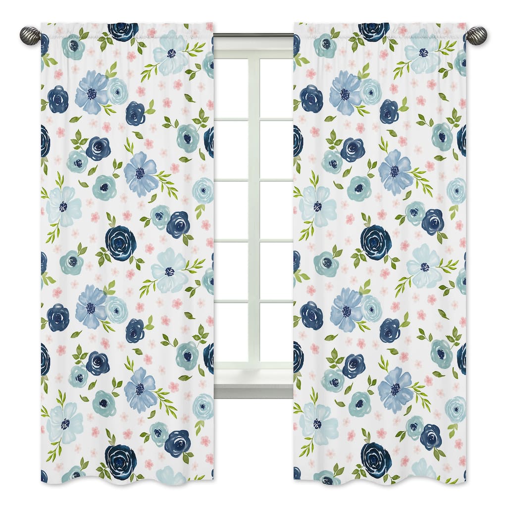 Navy Blue Pink Watercolor Floral 84in Window Treatment Curtain Panel Pair - Blush Green Shabby Chic Flower