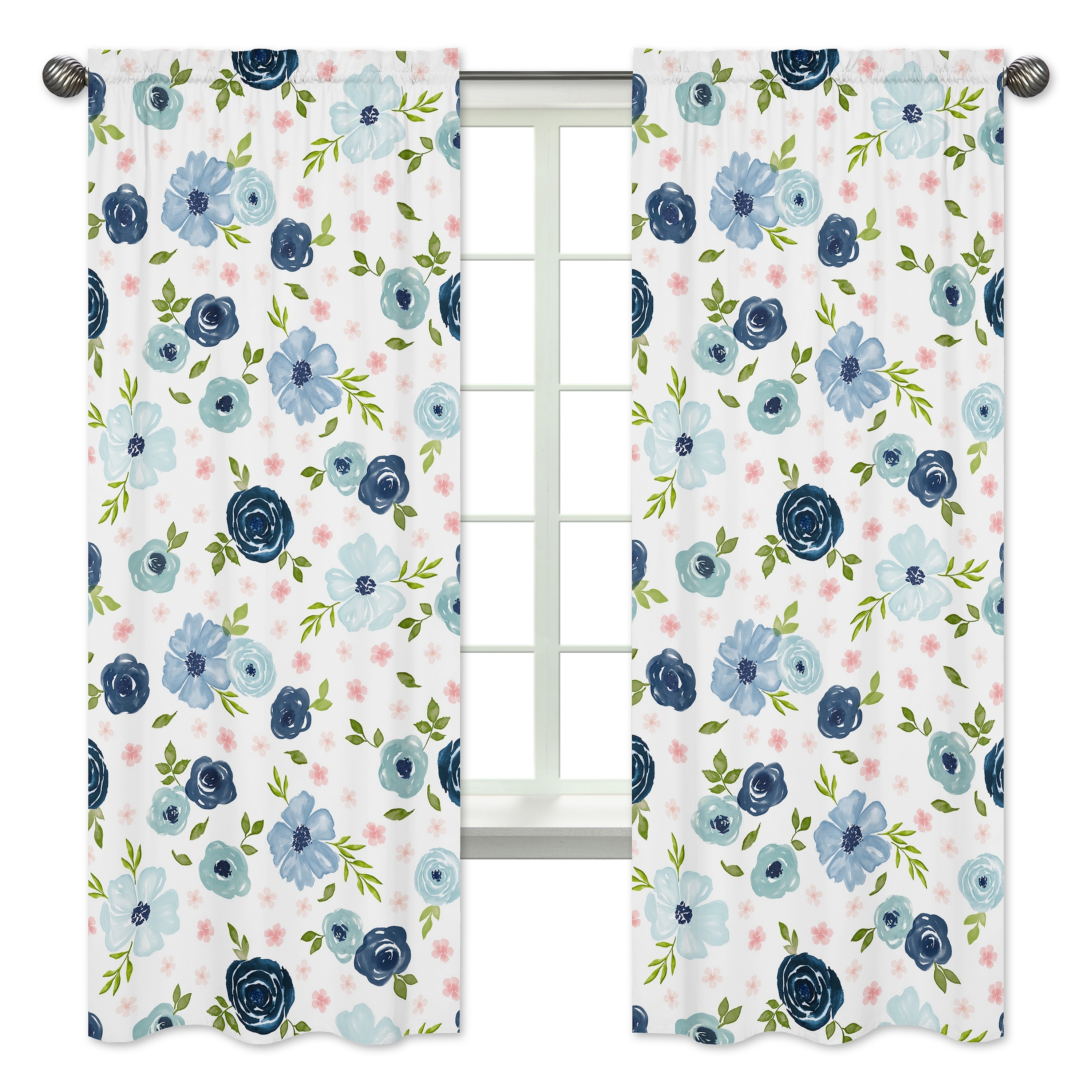 Navy Blue Pink Watercolor Floral 84in Window Treatment Curtain Panel Pair - Blush Green Shabby Chic Flower