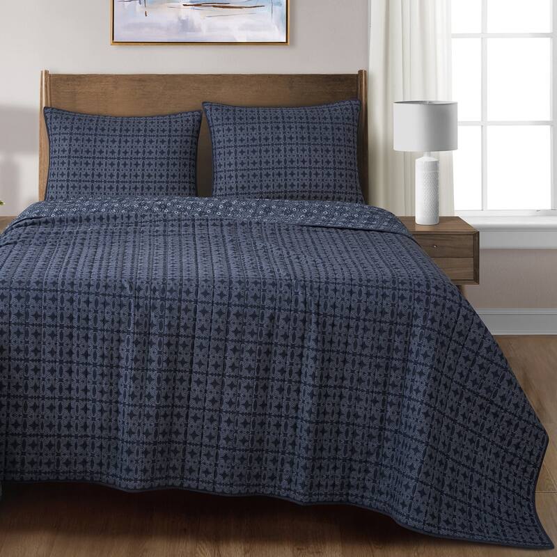 HiEnd Accents Indigo Medallion Design Reversible Quilt Set, 3PC