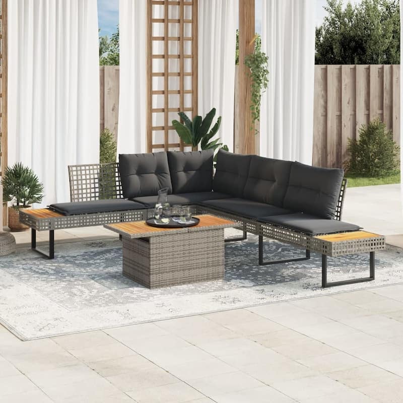 vidaXL 2 Piece Patio Sofa Set with Cushions Outdoor Poly Rattan and Acacia - 111.0 x 89.8 x 29.1