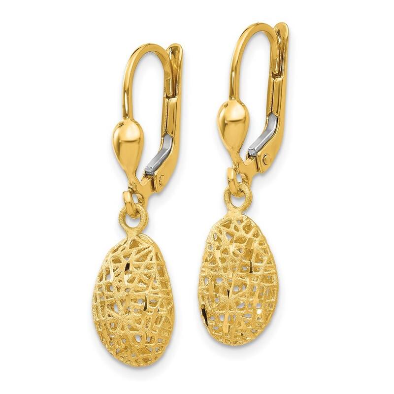 Curata 14k Yellow Gold 31x8mm Open Textured Birdcage Kidney Dangle Lever back Earring